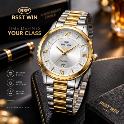 BEST WIN Luxury Ultra-Slim Men's Quartz Watch – 7mm Thin Case, 34mm Dial, Stainless Steel Band, 3ATM Water Resistant Dress Wristwatch with Free Chain Cutter & Gift Box